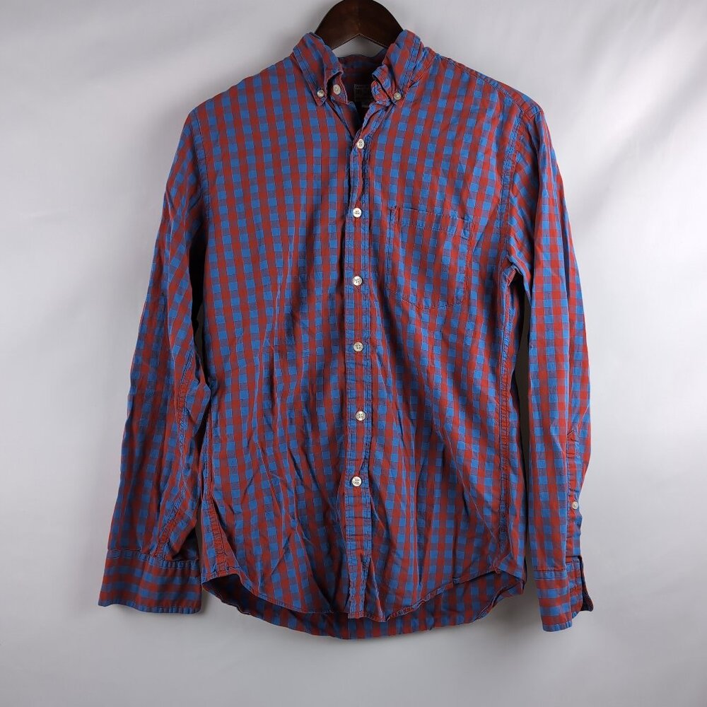 Vintage J. Crew Men's Red/Blue Plaid Button Up Long Sleeve Oxford Shirt, Small